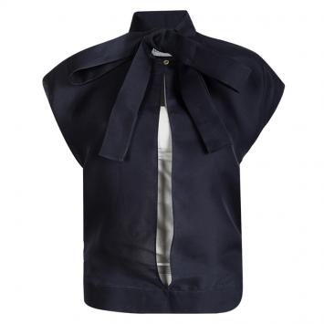 Pre Owned Yves Saint Laurent Navy Blue Silk Tie Detail Open Front Top M