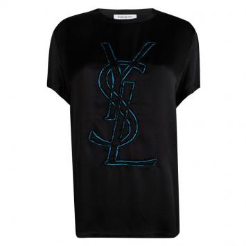 Pre Owned Yves Saint Laurent Black Silk Monogram Detail Short Sleeve Top M