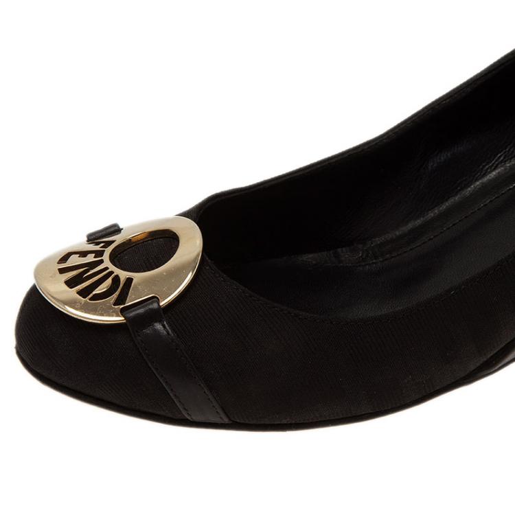 Pre Owned Fendi Black Canvas Logo Plate Wedges Size 36.5