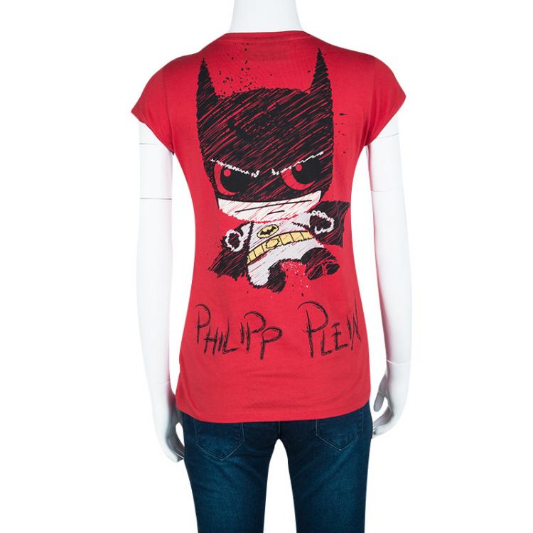 Pre Owned  Philipp Plein Couture DC Comics Red Batman Embellished T-Shirt XS