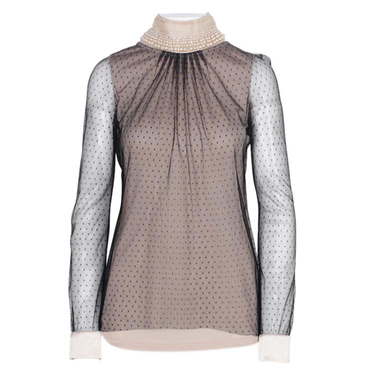 Pre Owned Valentino Black & Beige Embellished Lace Top M
