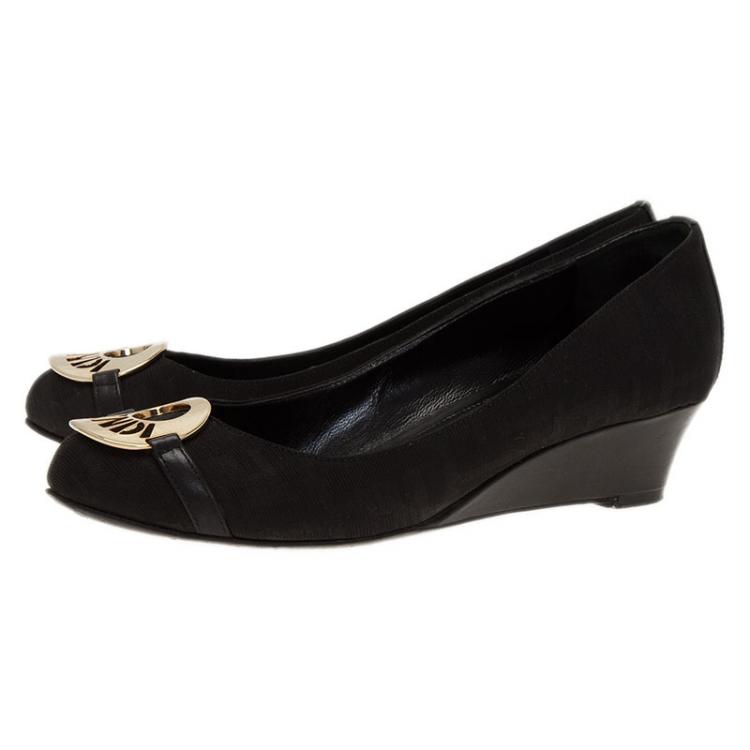 Pre Owned Fendi Black Canvas Logo Plate Wedges Size 36.5