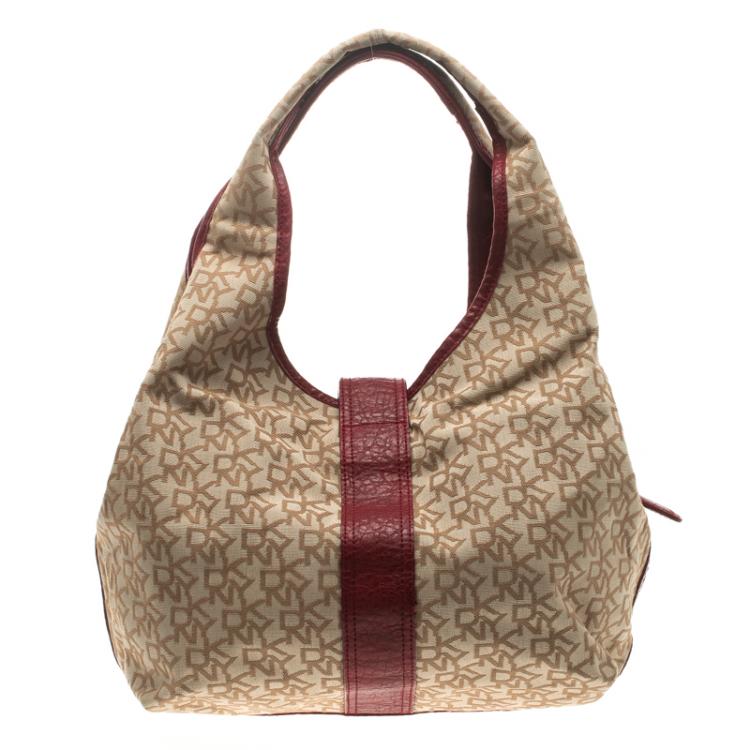Pre Owned DKNY Beige/Burgundy Canvas and Leather Town and Country Hobo