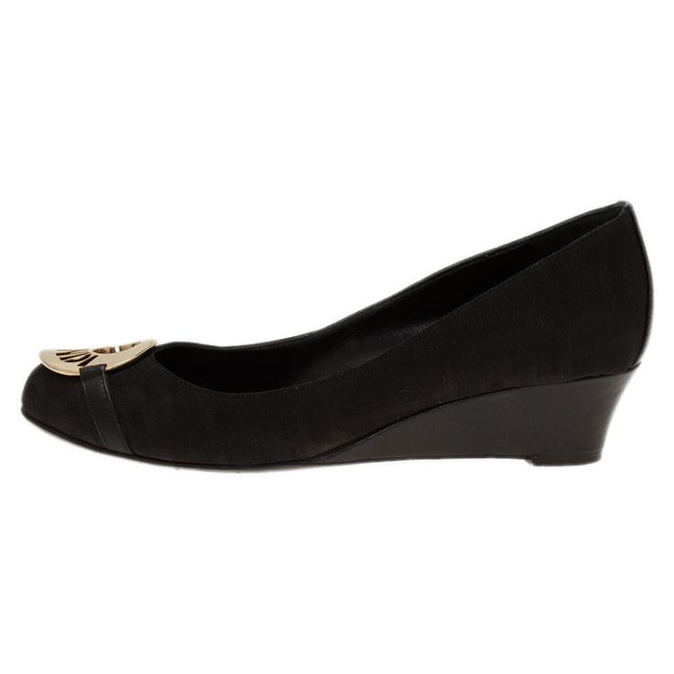 Pre Owned Fendi Black Canvas Logo Plate Wedges Size 36.5