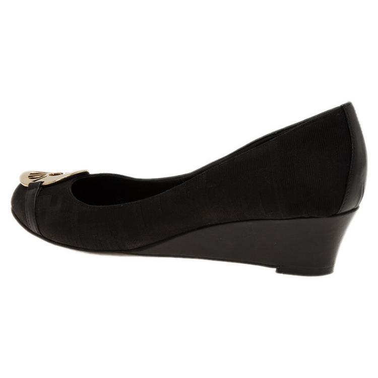 Pre Owned Fendi Black Canvas Logo Plate Wedges Size 36.5