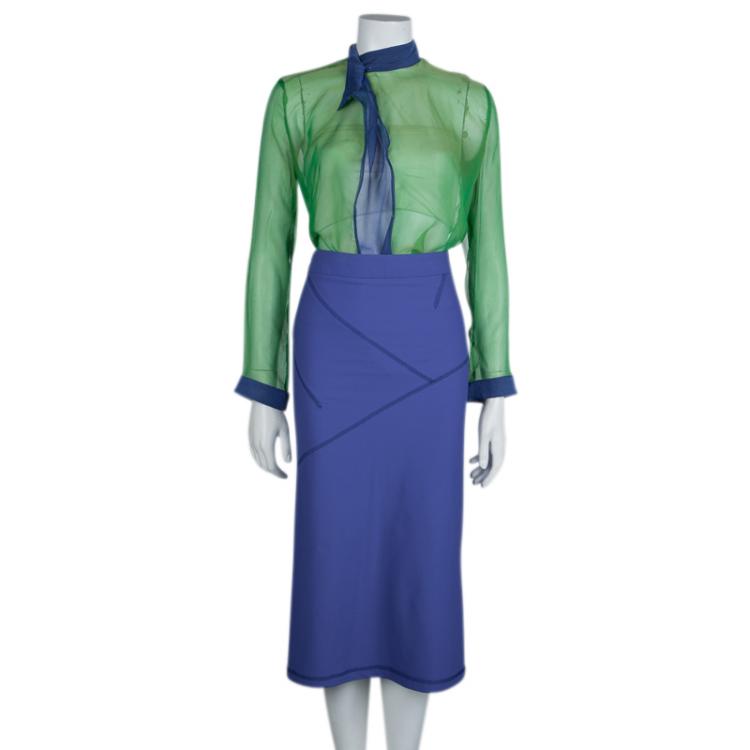 Pre Owned Emporio Armani Green Blue Silk Top Skirt Combo S/L