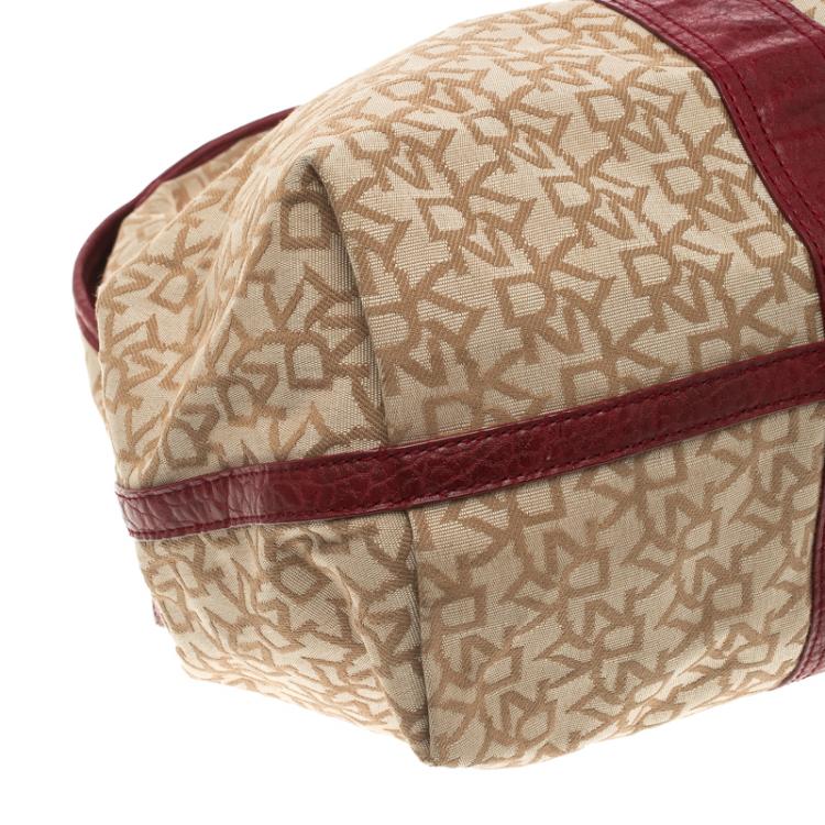 Pre Owned DKNY Beige/Burgundy Canvas and Leather Town and Country Hobo