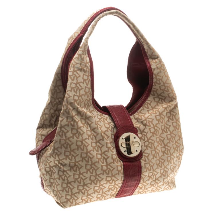 Pre Owned DKNY Beige/Burgundy Canvas and Leather Town and Country Hobo