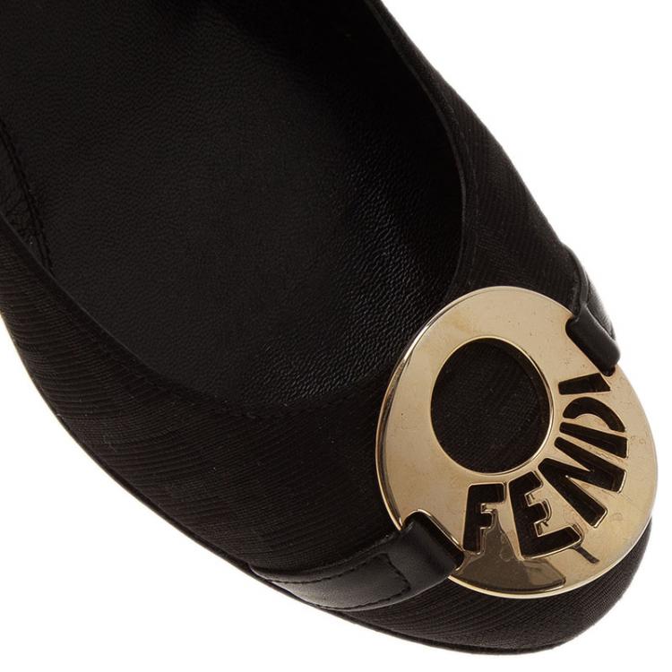 Pre Owned Fendi Black Canvas Logo Plate Wedges Size 36.5