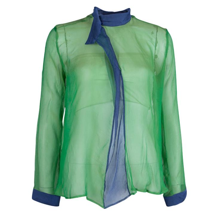 Pre Owned Emporio Armani Green Blue Silk Top Skirt Combo S/L