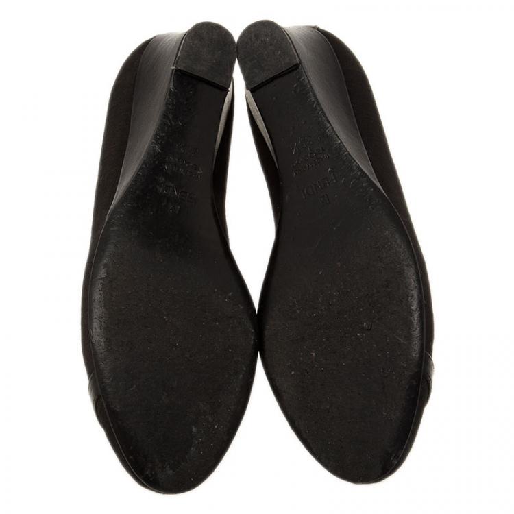 Pre Owned Fendi Black Canvas Logo Plate Wedges Size 36.5