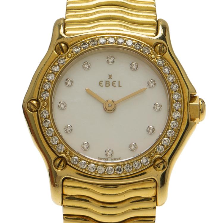Pre Owned Ebel Mother of Pearl 18K Yellow Gold Diamond Sportwave Women's Wristwatch 24MM