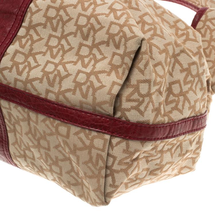 Pre Owned DKNY Beige/Burgundy Canvas and Leather Town and Country Hobo