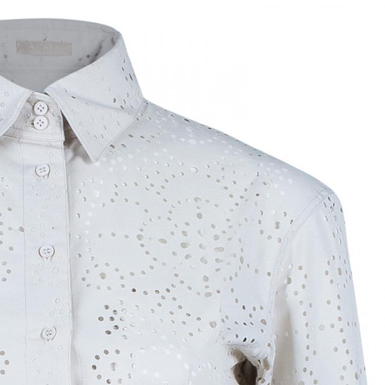 Pre Owned Azzedine Alaia Eyelet Cream Button Down Shirt M