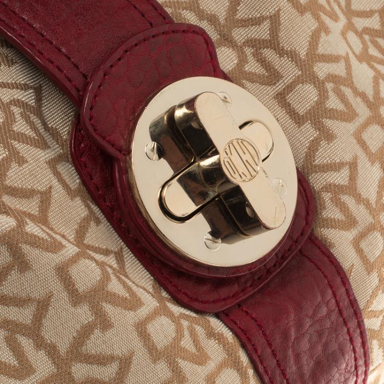 Pre Owned DKNY Beige/Burgundy Canvas and Leather Town and Country Hobo