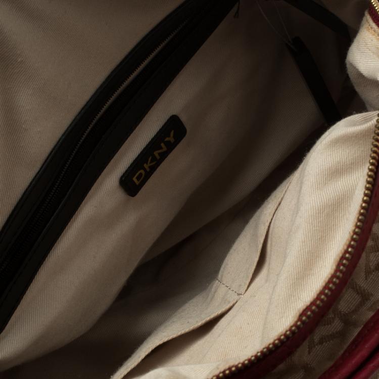 Pre Owned DKNY Beige/Burgundy Canvas and Leather Town and Country Hobo