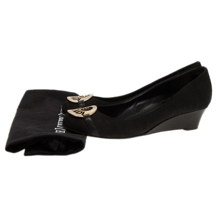 Pre Owned Fendi Black Canvas Logo Plate Wedges Size 36.5