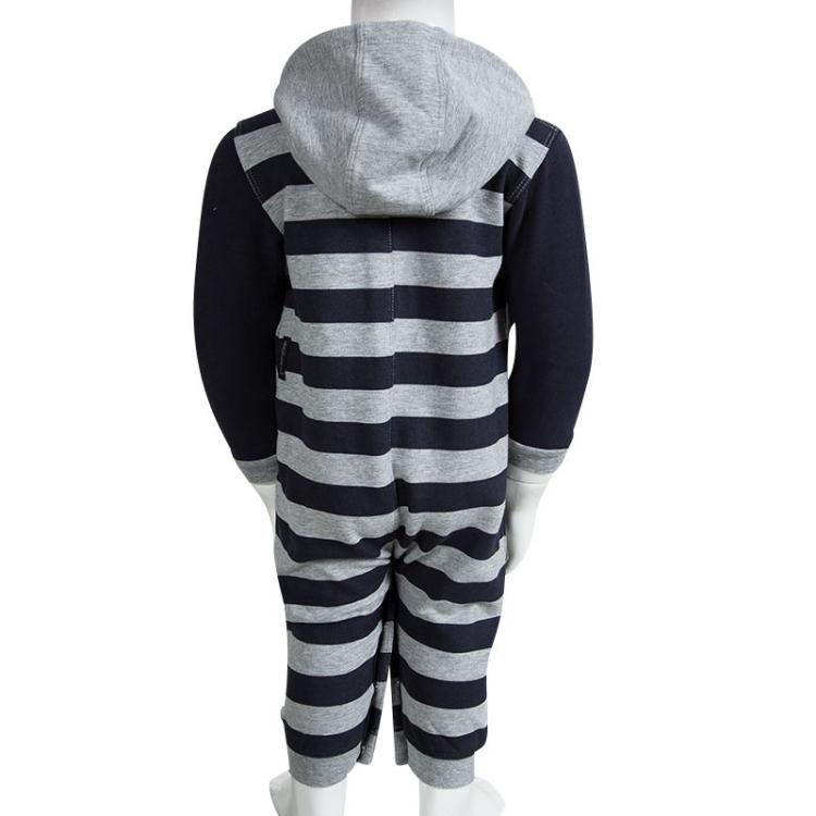 Pre Owned Armani Baby Grey Cotton Striped Hooded Zip Front Onesie 6 Months