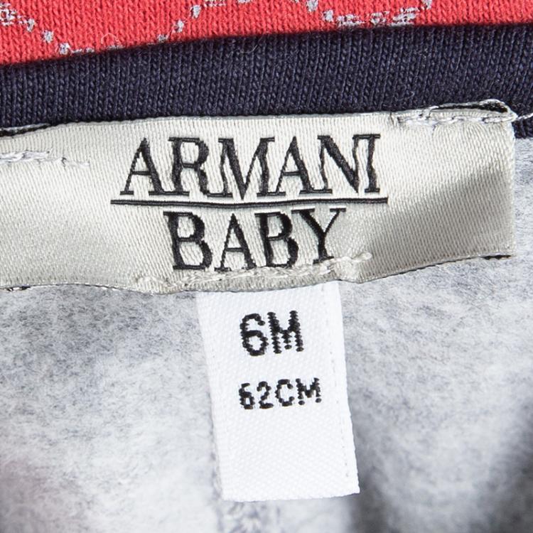 Pre Owned Armani Baby Grey Cotton Striped Hooded Zip Front Onesie 6 Months
