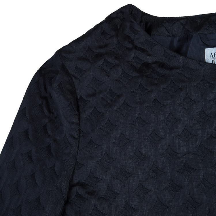 Pre Owned Armani Junior Navy Blue Diamond Jacquard Long Sleeve Bolero Jacket 15 Yrs