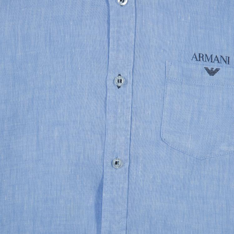 Pre Owned Armani Junior Blue Long Sleeve Buttondown Linen Shirt 7 Yrs