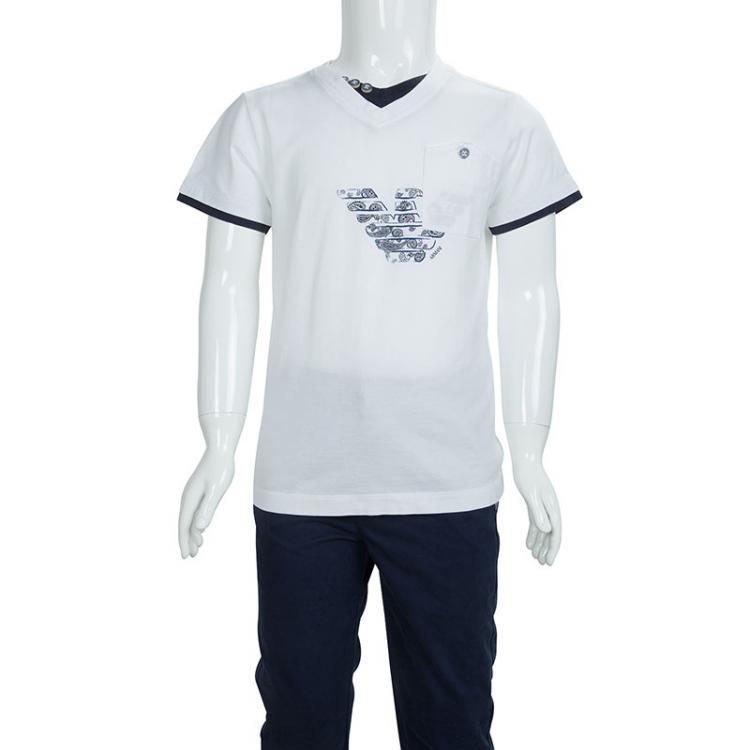 Pre Owned Armani Junior White Faux Double Layer Graphic Print V-Neck T-shirt 6 Yrs