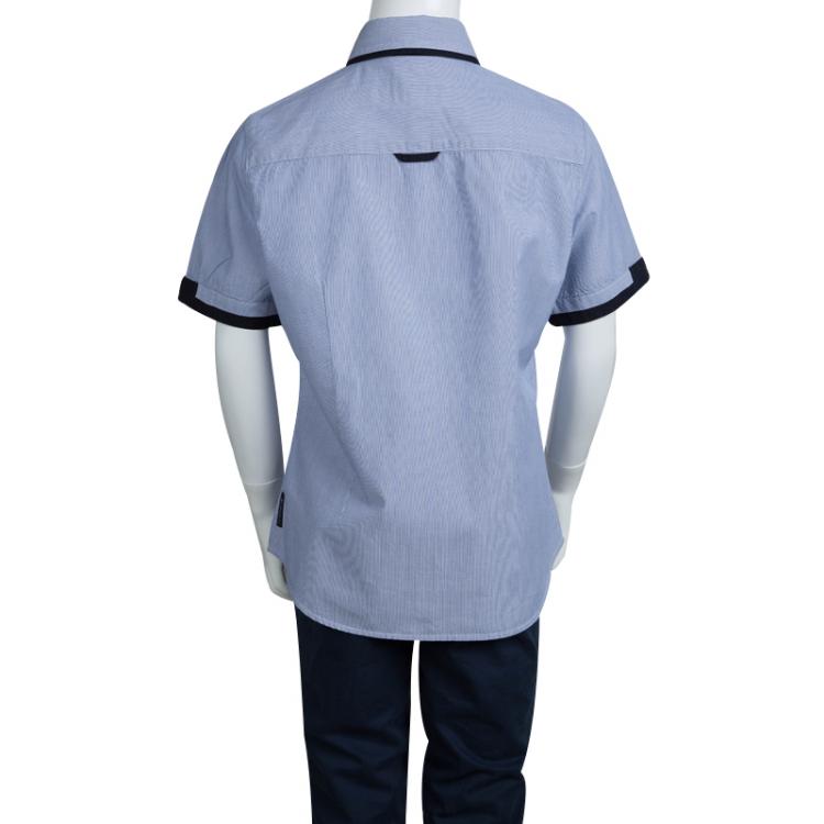 Pre Owned Armani Junior Blue Striped Cotton Short Sleeve Buttondown Shirt 10 Yrs