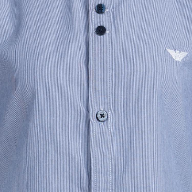 Pre Owned Armani Junior Blue Striped Cotton Short Sleeve Buttondown Shirt 10 Yrs
