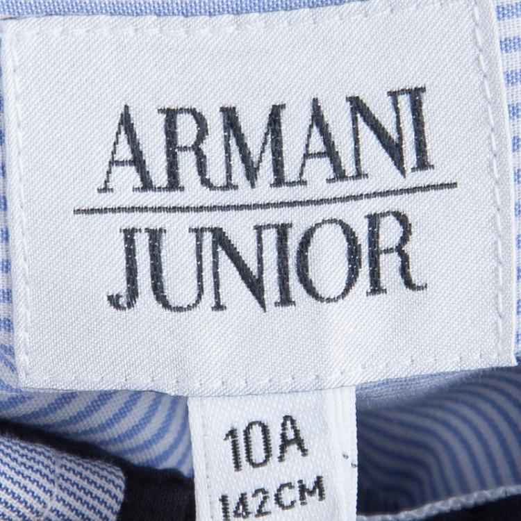 Pre Owned Armani Junior Blue Striped Cotton Short Sleeve Buttondown Shirt 10 Yrs