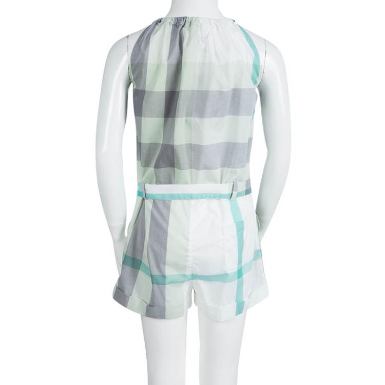 Pre Owned Burberry Children Green Checked Cotton Belted Playsuit 10 Yrs