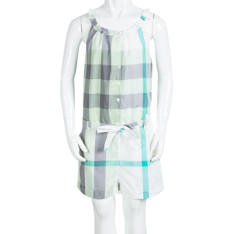 مملوكة مسبقًا Burberry Children Green Checked Cotton Belted Playsuit 12 Yrs