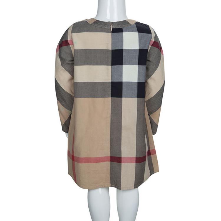 Pre Owned Burberry Beige Novacheck Pleated Long Sleeve Cotton Dress 4 Yrs