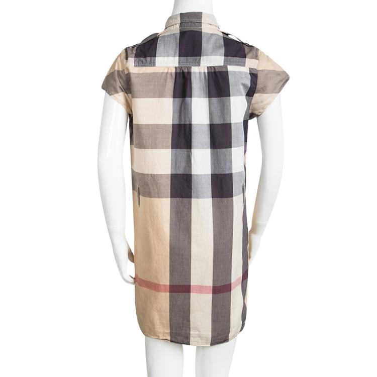 Pre Owned Burberry Beige Nova Check Cotton Cap Sleeve Button Front Shirt Dress 8 Yrs