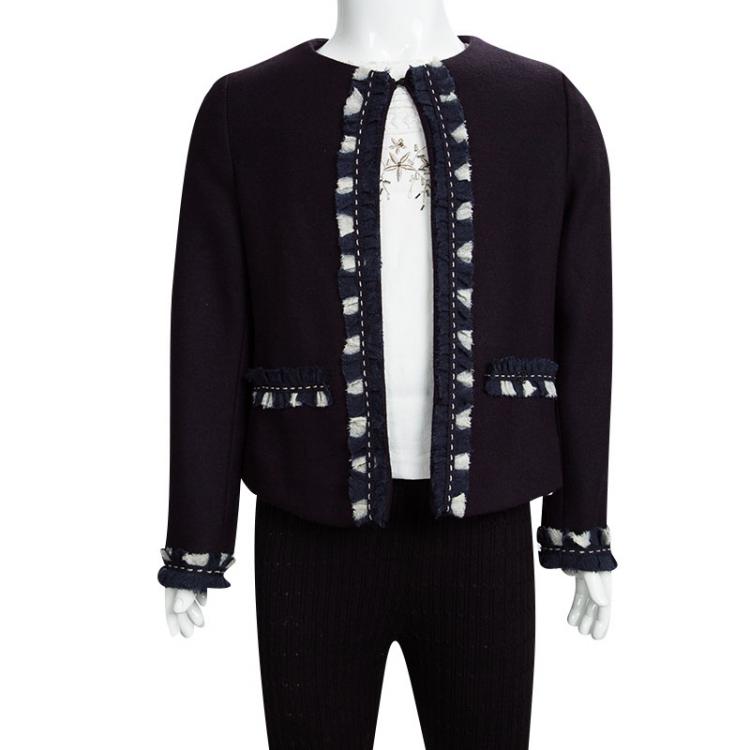 Pre Owned CH Carolina Herrera Navy Blue Ruffle Trim Detail Open Front Jacket 6 Yrs