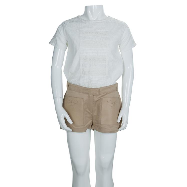 Pre Owned Chloe Beige Leather Patch Pocket Detail Shorts 10 Yrs
