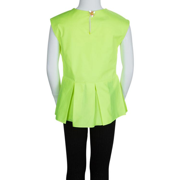Pre Owned Dior Neon Yellow Cotton Box Pleat Detail Sleeveless Peplum Top 10 Yrs