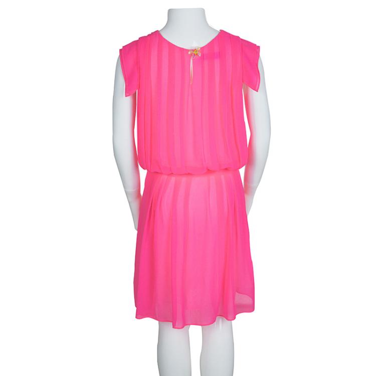 Pre Owned Dior Neon Pink Chiffon Pleated Belted Dress 10 Yrs