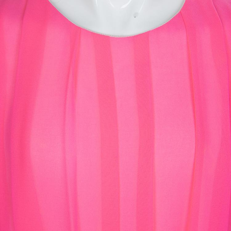 Pre Owned Dior Neon Pink Chiffon Pleated Belted Dress 10 Yrs