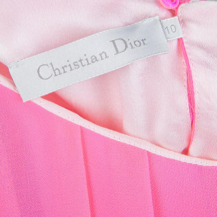 Pre Owned Dior Neon Pink Chiffon Pleated Belted Dress 10 Yrs