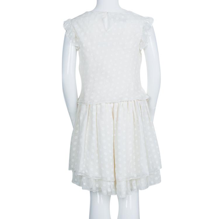 Pre Owned Dior Off White Polka Dot Print Ruffle Detail Top and Dress Set 10 Yrs