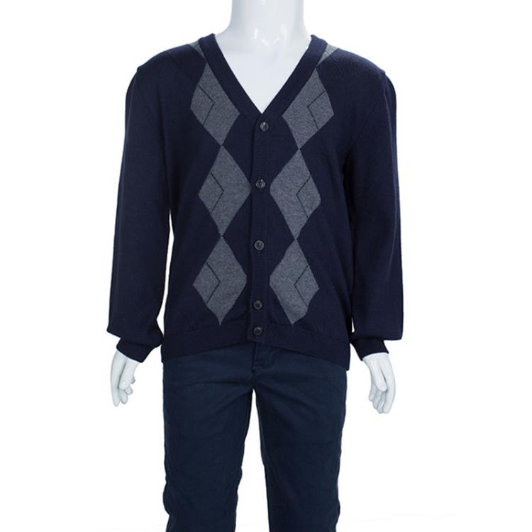 Pre Owned Dolce and Gabbana Navy Blue Argyle Pattern Long Sleeve Buttondown Cardigan 6 Yrs
