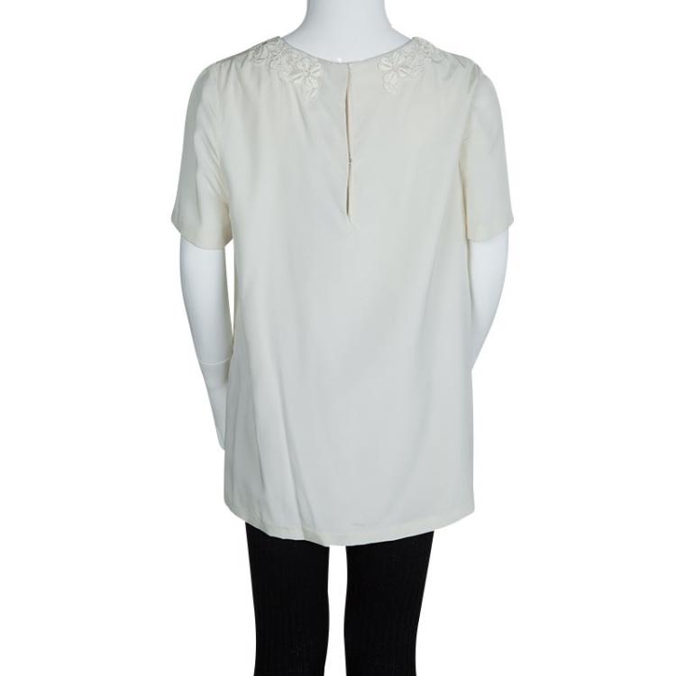 Pre Owned Dolce and Gabbana Cream Lace Detail Short Sleeve Silk Blouse 11/12 Yrs