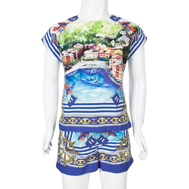 Pre Owned D&G Portofino Printed Cotton Top and Shorts Set 4 Yrs