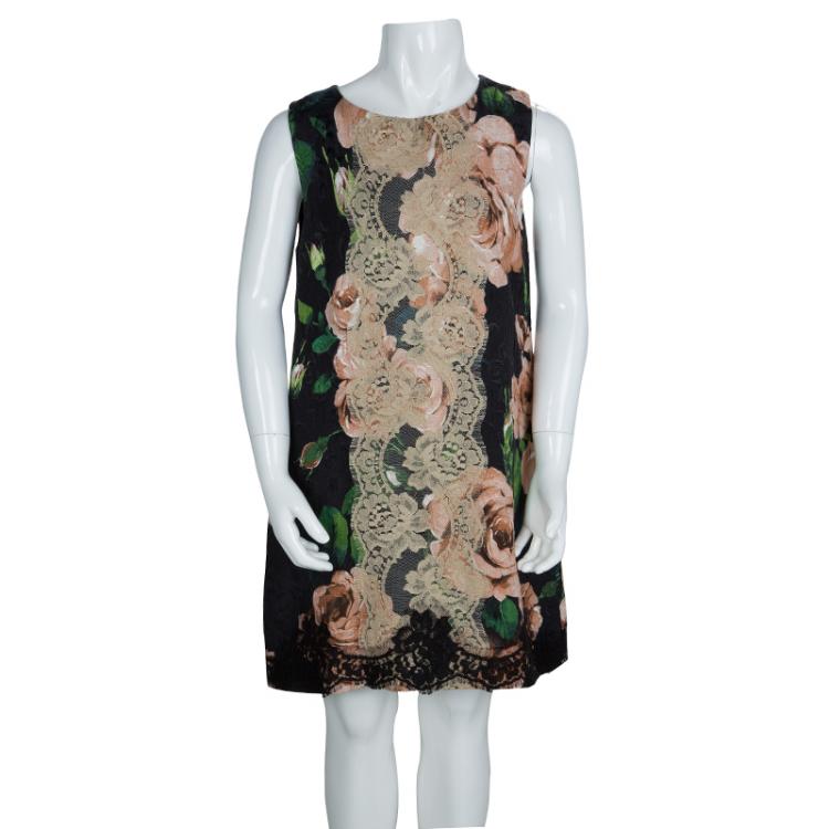 Pre Owned Dolce And Gabbana Black Floral Print Lace Detail Sleeveless Dress 9/10 Yrs