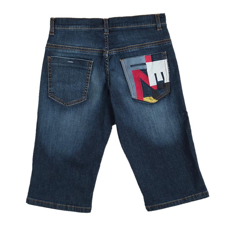 Pre Owned Fendi Indigo Washed Denim Patchwork Detail Bermuda Shorts 12 Yrs