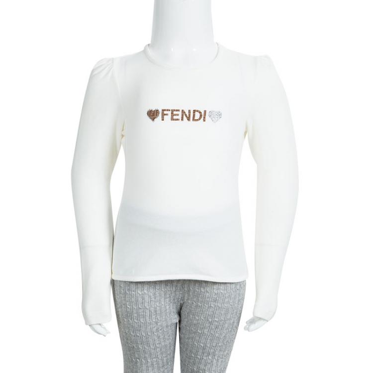 Pre Owned Fendi Kids Off White Logo Detail Embellished Long Sleeve Top 4 YRS