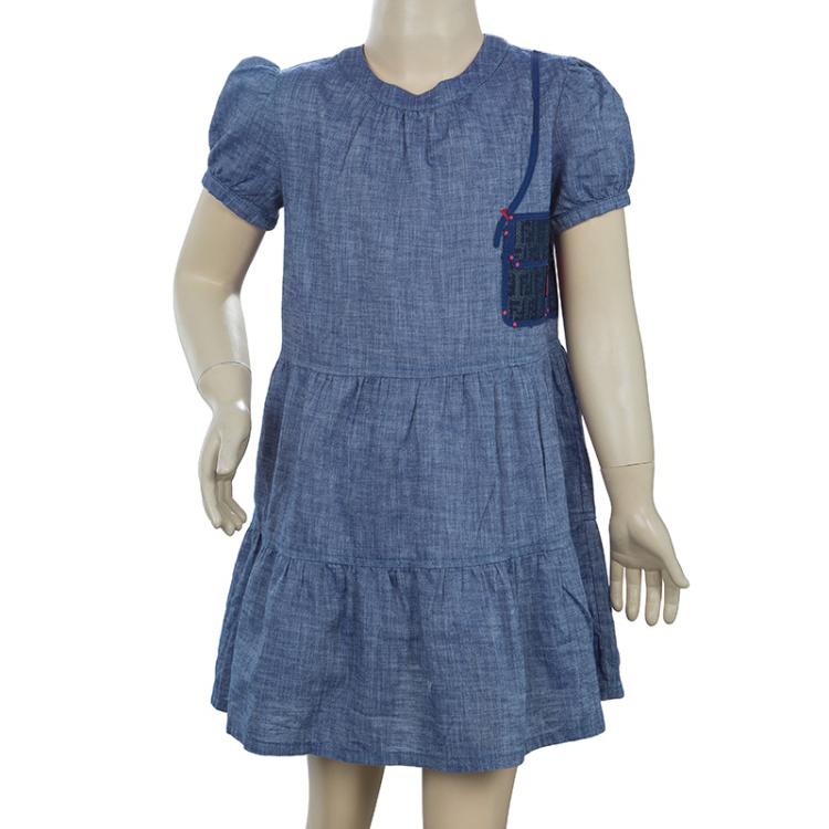 Pre Owned Fendi Blue Monogram Patch Detail Short Sleeve Cotton Chambray Dress 6 Yrs