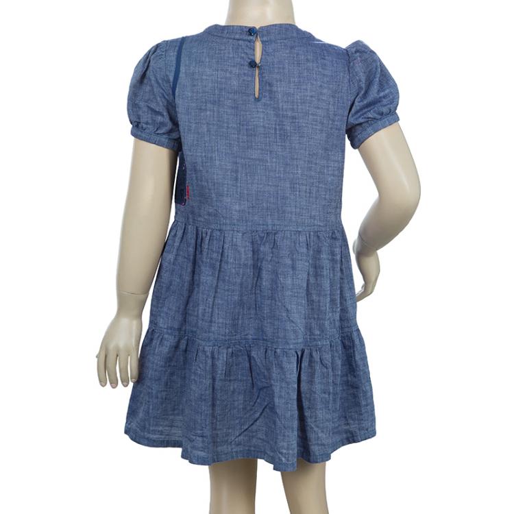Pre Owned Fendi Blue Monogram Patch Detail Short Sleeve Cotton Chambray Dress 6 Yrs
