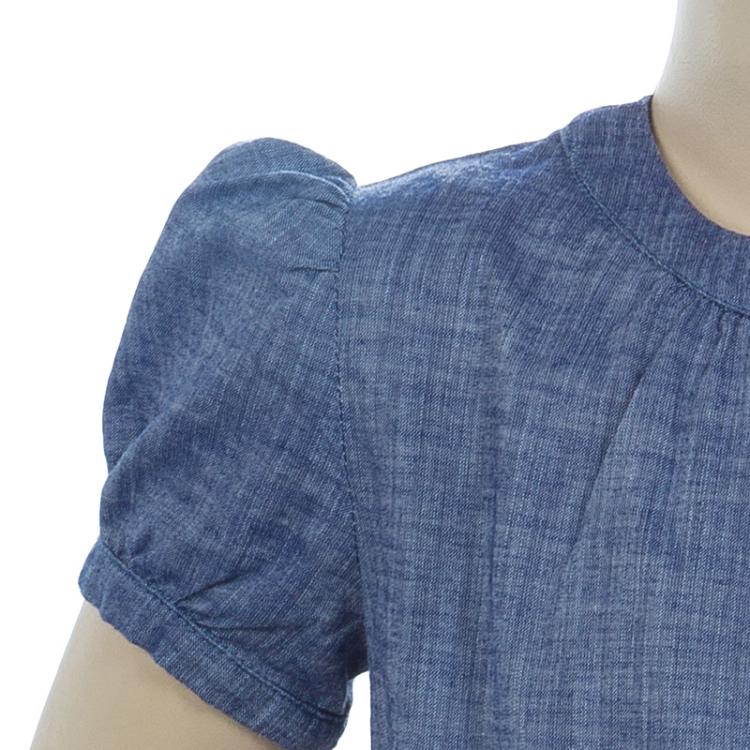 Pre Owned Fendi Blue Monogram Patch Detail Short Sleeve Cotton Chambray Dress 6 Yrs