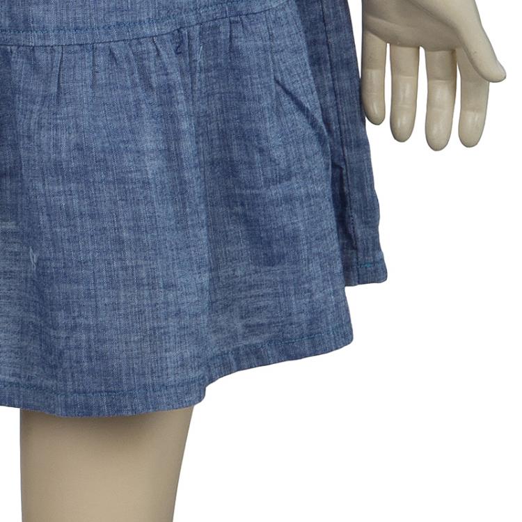 Pre Owned Fendi Blue Monogram Patch Detail Short Sleeve Cotton Chambray Dress 6 Yrs